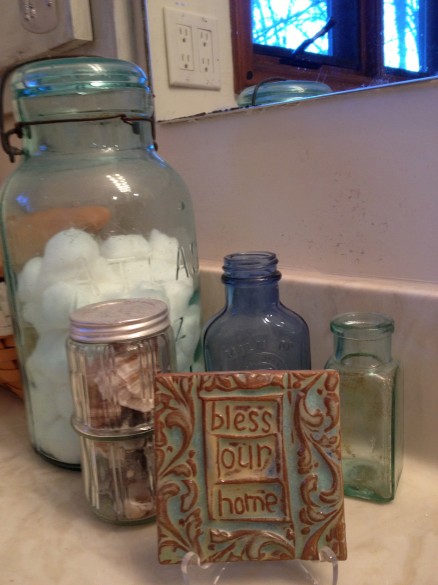 My bathroom counter with my collection of some of my favorite bottles....